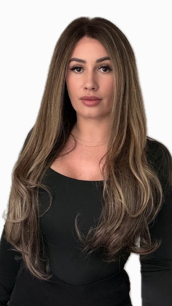 Raw Hair Wig NOIRE – 13x6 HD Lace | 24" | 180% Dichte | Balayage Dunkelbraun mit Karamell-Aschgold | Glatt (Straight)