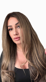 Raw Hair Wig NOIRE – 13x6 HD Lace | 24" | 180% Dichte | Balayage Dunkelbraun mit Karamell-Aschgold | Glatt (Straight)